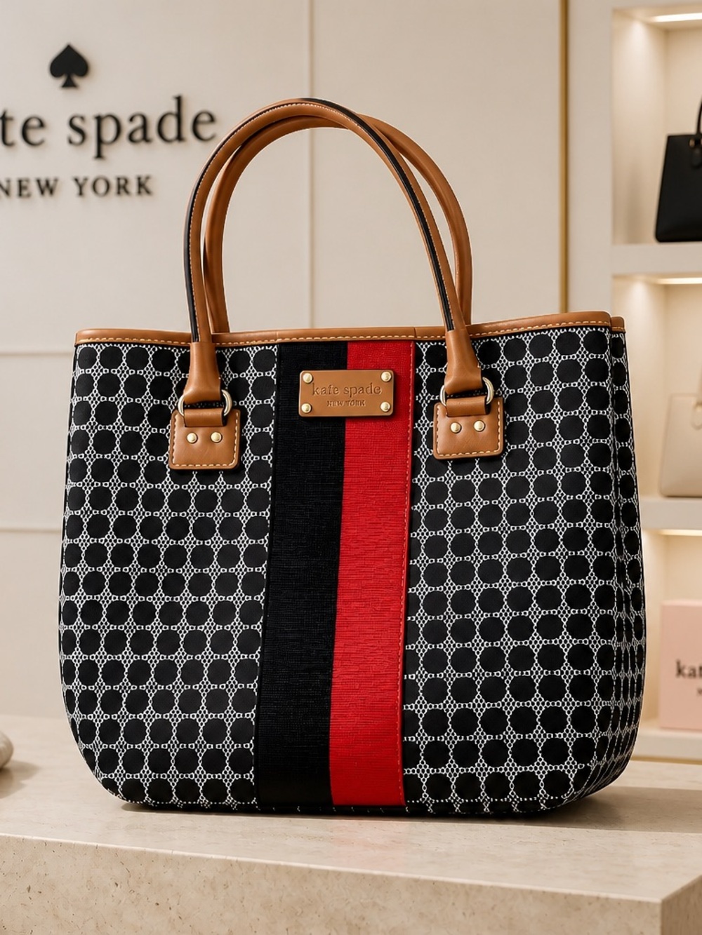 kate spade Black, Red & Tan Jacquard Stripe Tote - Picture 4 of 15